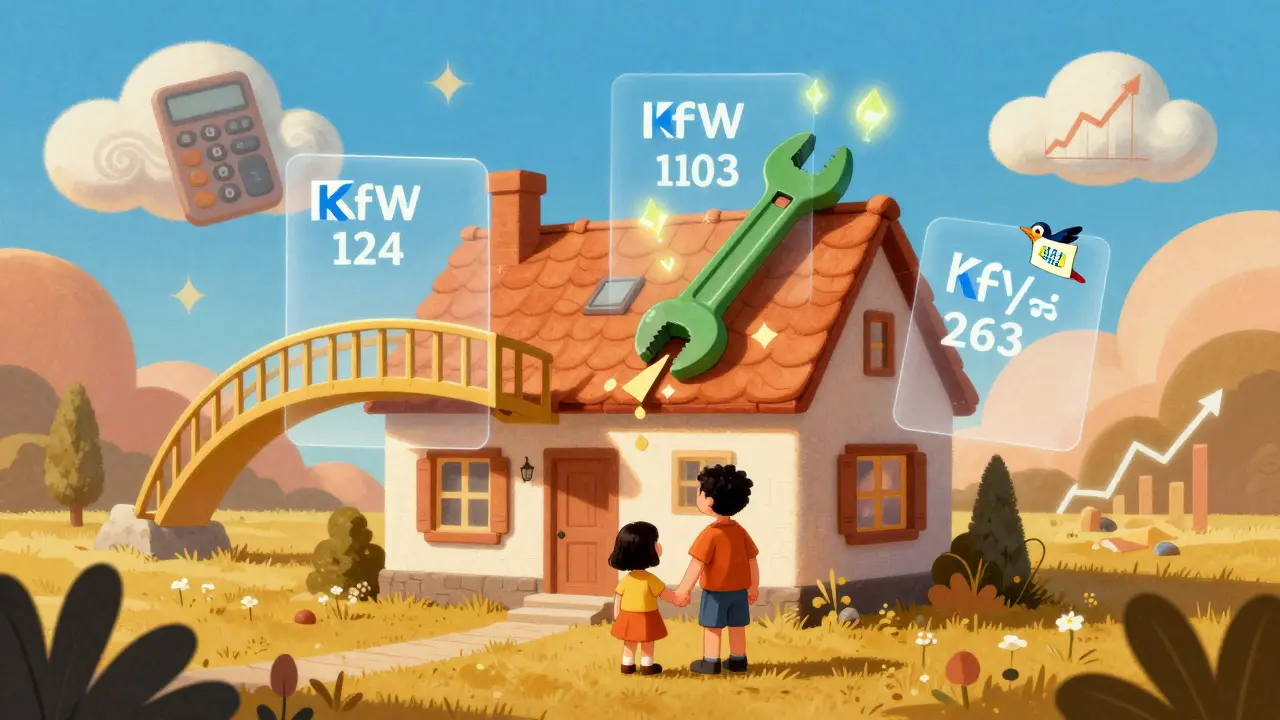 Familie mit drei Förderprogrammen als überlappende, symbolische Elemente über einem Haus — KfW 124, KfW 263 und BAFA.