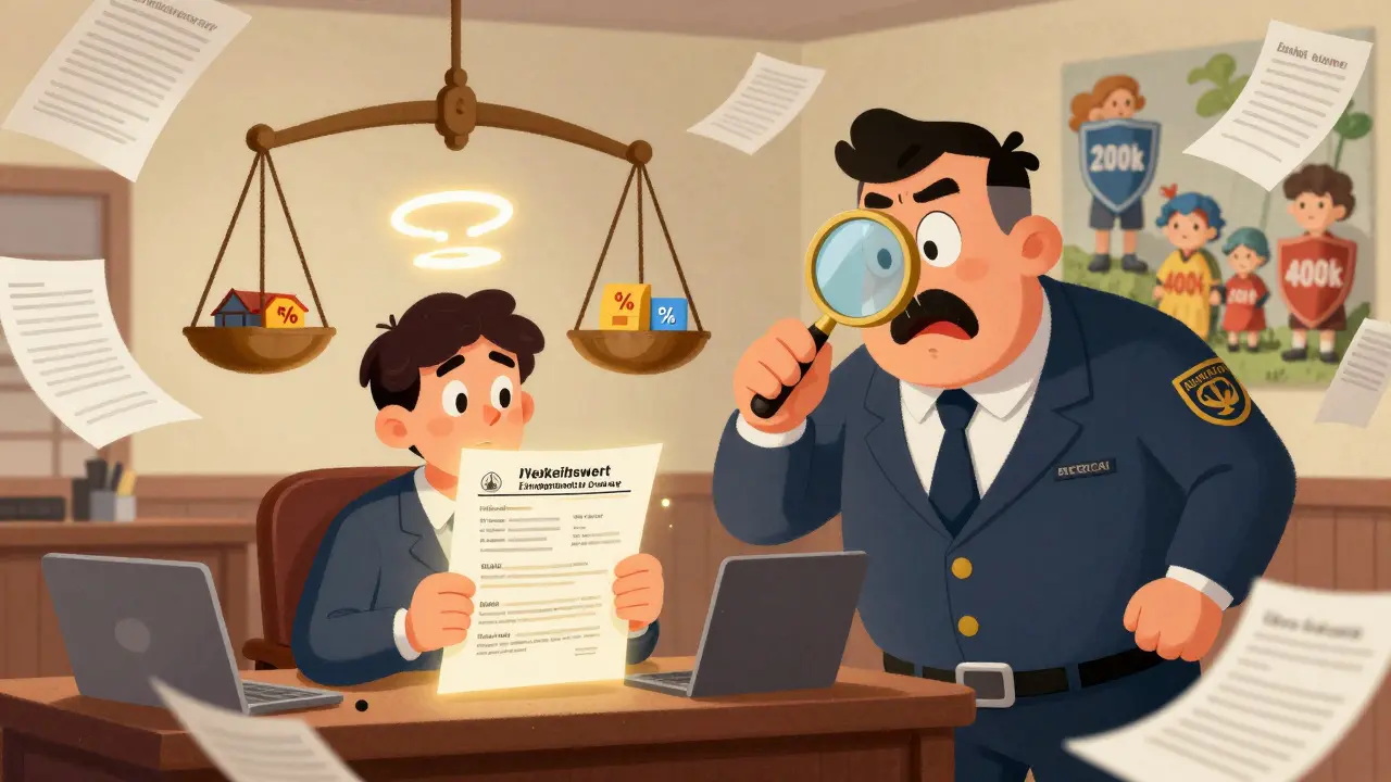 Hausbesitzer zeigt Gutachten vor steuerlichem Beamten, während 10%-Rabatt-Symbole wie Heilige schweben.