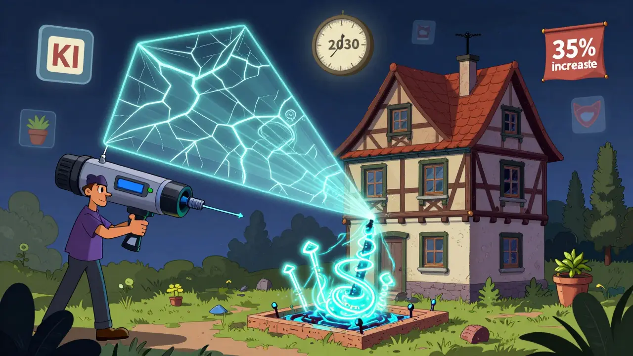 Laser-Scan projiziert 3D-Risskarten über ein Haus, während biolumineszente Harz-Injektion das Fundament repariert.