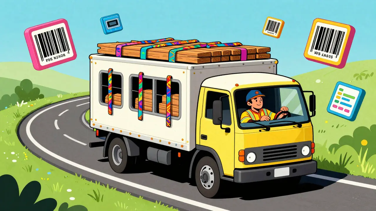 Lkw mit gesicherten Baumaterialien auf der Fahrt, mit digitalen Logistik-Symbolen in der Luft.