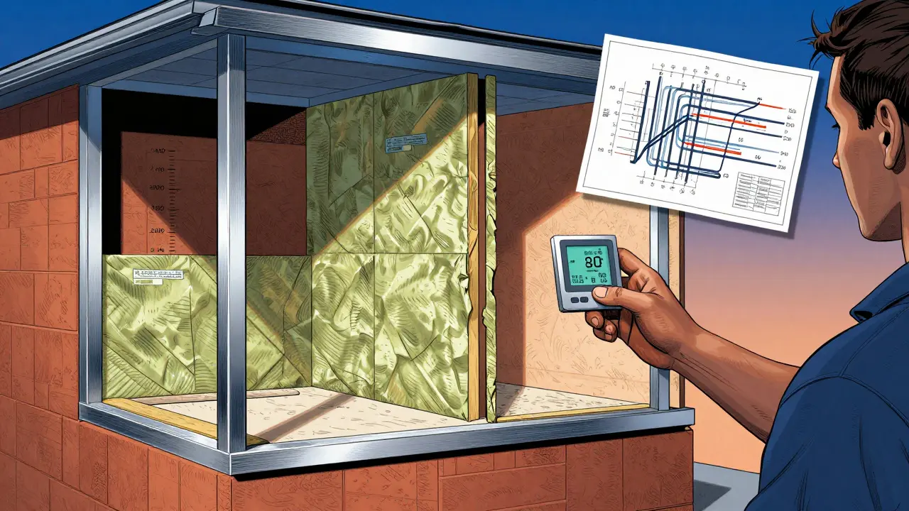 Modernisiertes Gebäude im Schnitt mit Energietechnik-Details