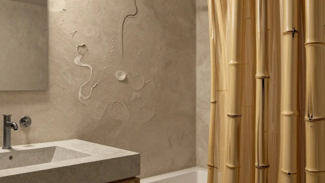 Naturmaterialien im Bad: Lehmwand, recycelter Beton und Bambusvorhang in harmonischer, organisch gewellter Darstellung.