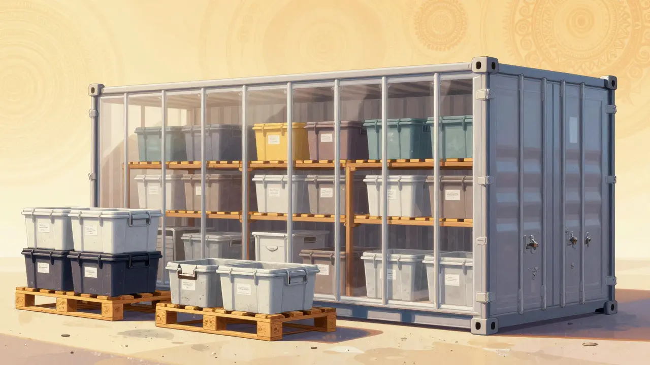 Ordnung auf der Baustelle: Paletten, Gitterboxen und gesicherte Fenster in einem witterungsgeschützten Container.