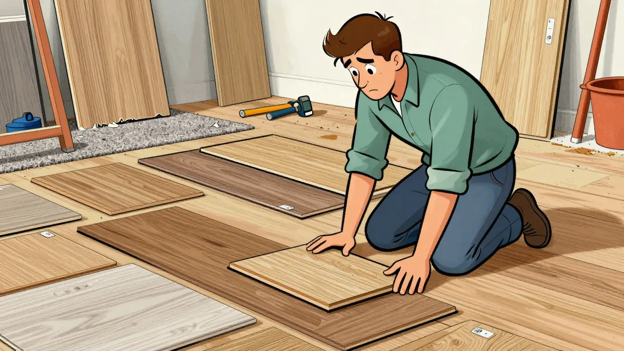 Person wählt Bodenbeläge für Renovierung aus.