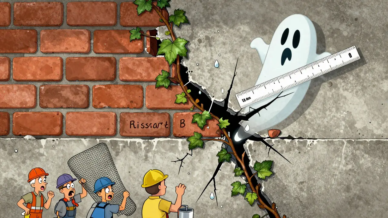 Querschnitt einer Wand mit diagonalen Rissen, Wasser und Efeu, während Bauarbeiter mit Gewebe und Grundierung kämpfen.