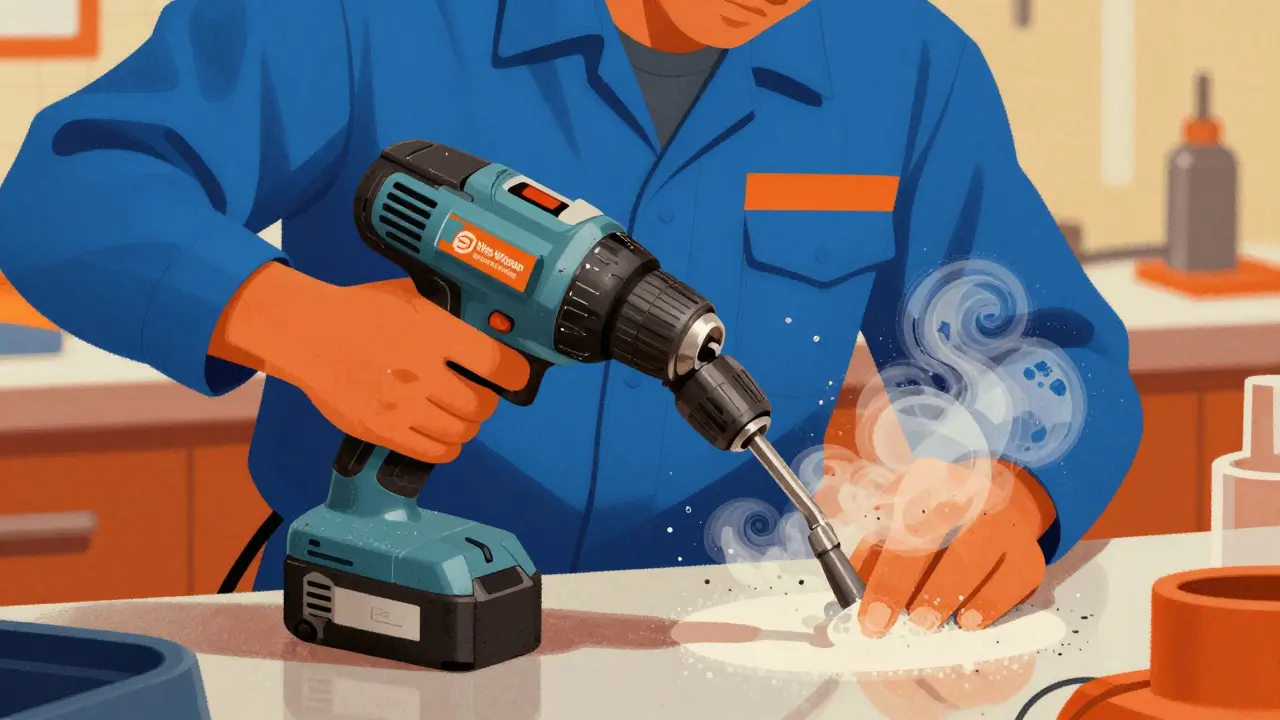 Reinigung einer Bohrmaschine von Schmutz und Staub