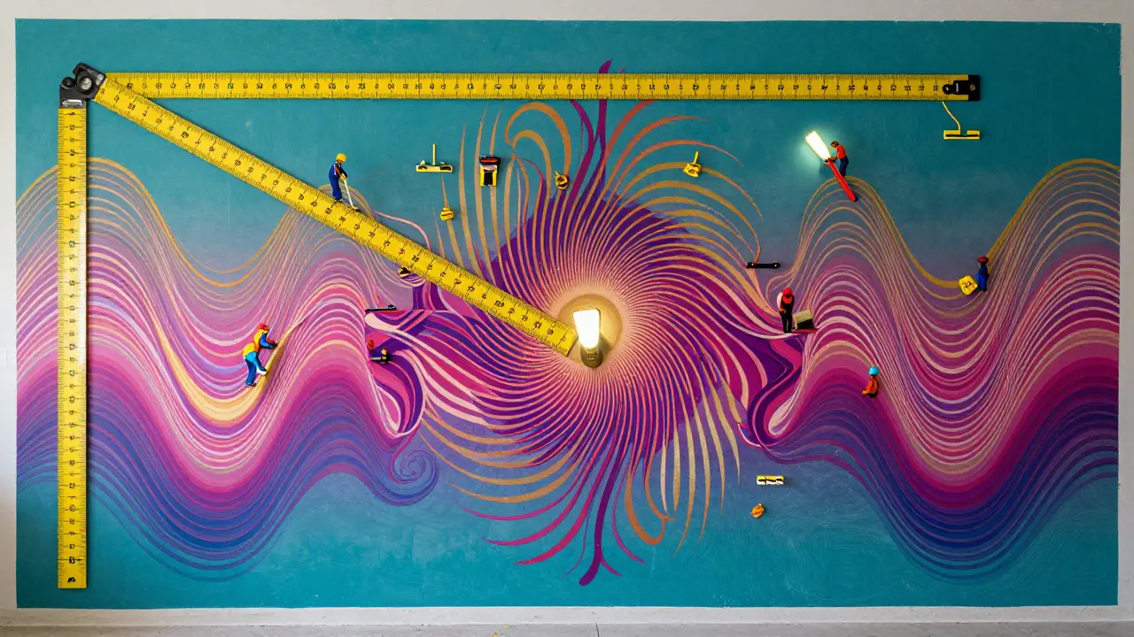 Schritt-für-Schritt-Darstellung des Wandaufbaus mit Dehnungsfugen und Fugenmasse im psychedelischen 60er-Jahre-Stil.