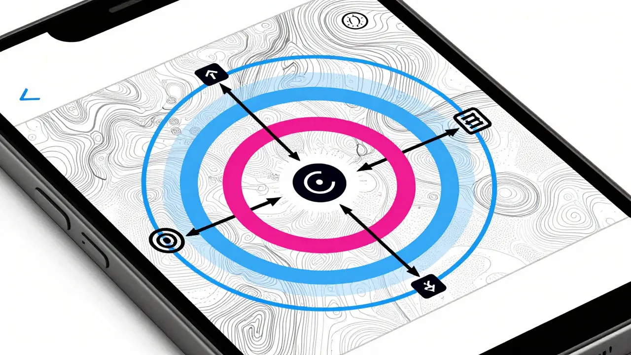 Smartphone zeigt GPS-Radius und Logik für Anwesenheitserkennung.