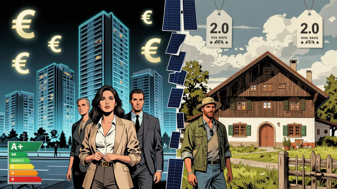 Stadtwohnung und Landhaus mit unterschiedlicher Wertigkeit dargestellt