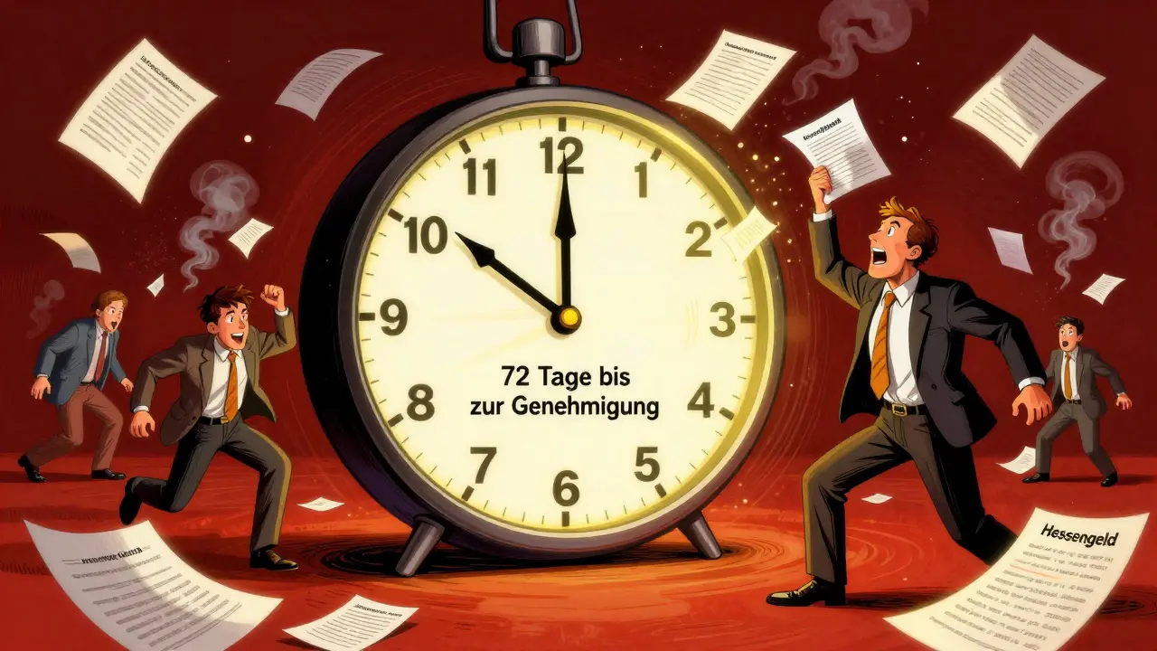 Uhr mit Dokumenten als Zeigern, Countdown zur Hessengeld-Genehmigung, während andere Anträge in Rauch aufgehen.