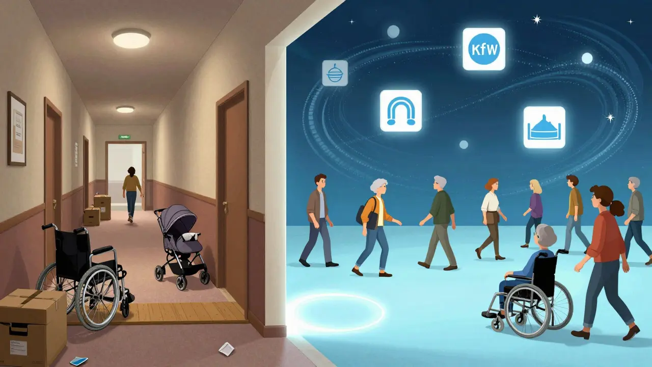 Vergleich: alte höhere Schwelle mit Blockaden links, neue flache Schwelle mit freier Bewegung rechts.