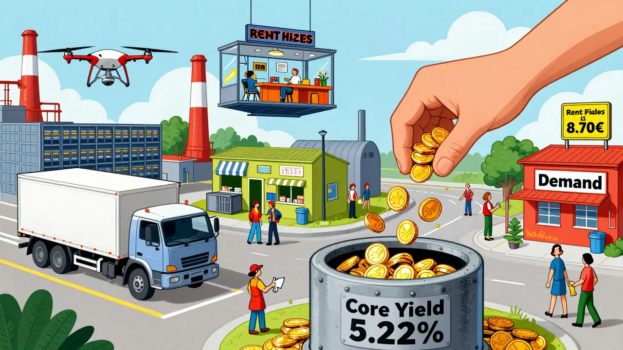 Vielfältiger Gewerbepark mit gemischten Nutzern, steigenden Mieten und einem symbolischen Rendite-Vault.