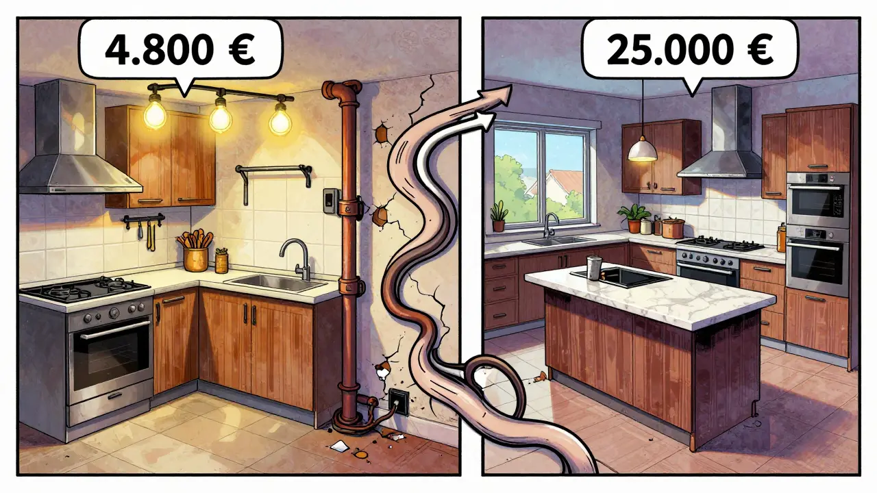 Zwei Küchen im Vergleich: eine kleine, einfache und eine große, luxuriöse, verbunden durch versteckte Kosten wie undichte Rohre und elektrische Kabel.