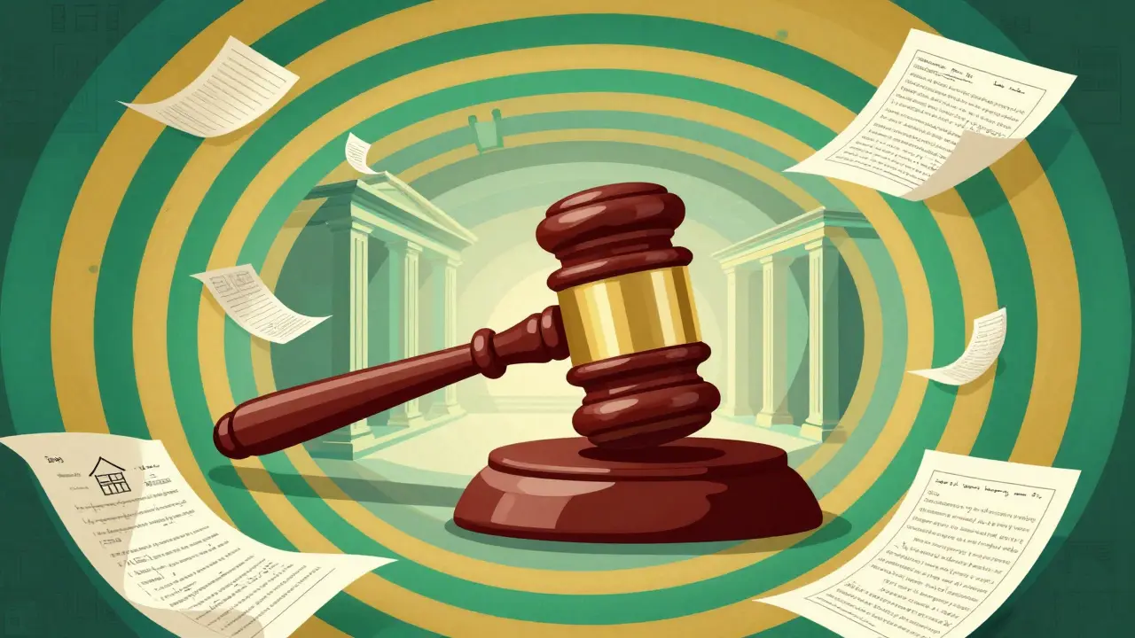 Abstrakte Darstellung eines Richterhammers und rechtlicher Dokumente in fließenden Formen.