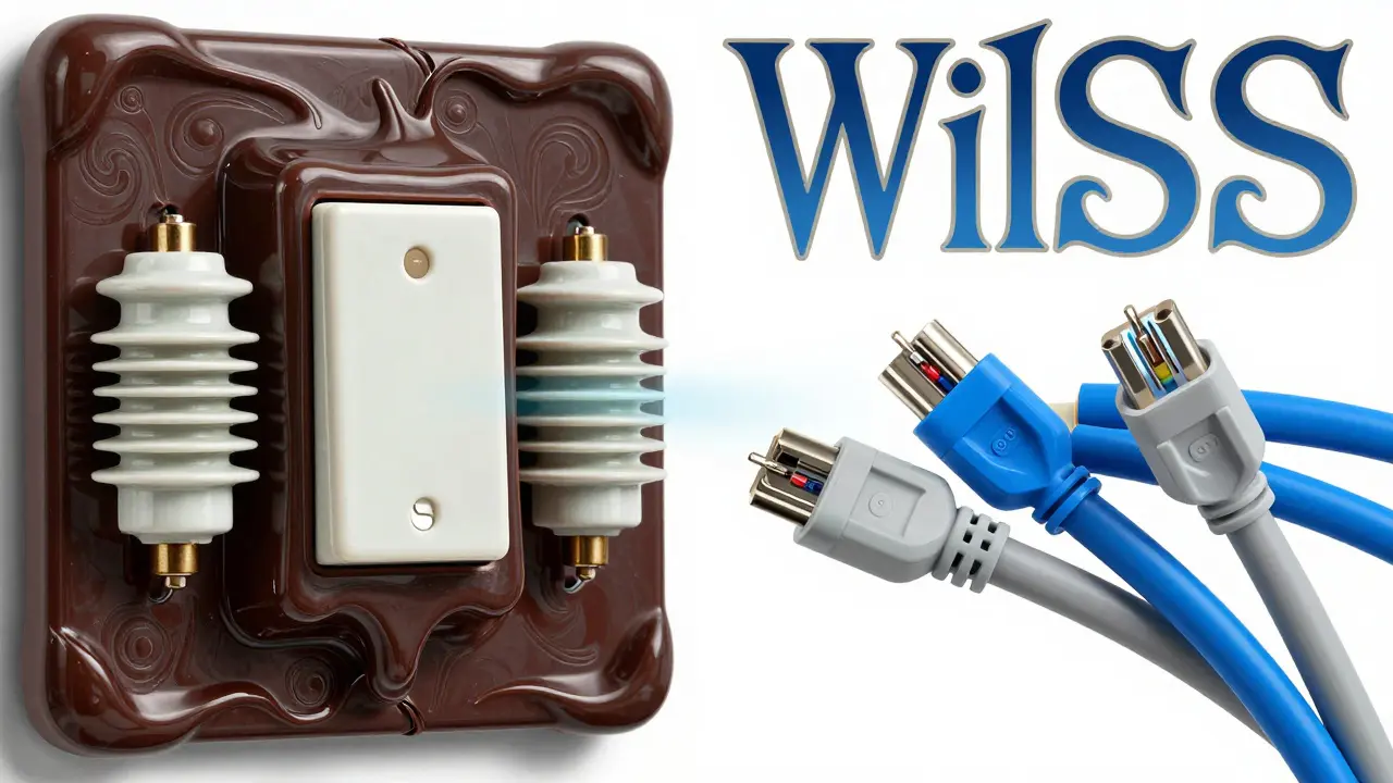 Abstrakte Darstellung von Bakelit-Schaltern und Porzellanisolatoren im psychedelischen Stil.