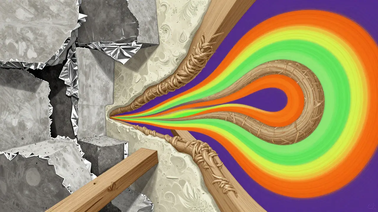 Abstrakte Darstellung von Kalkputz und Lehm gegenüber Zement in psychedelischem Stil.