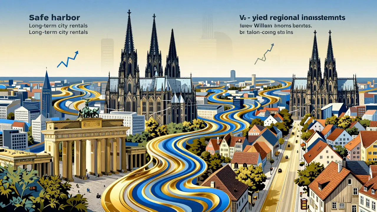 Abstrakte Darstellung von Stadtimmobilien und regionalen Renditen als farbige Bänder.