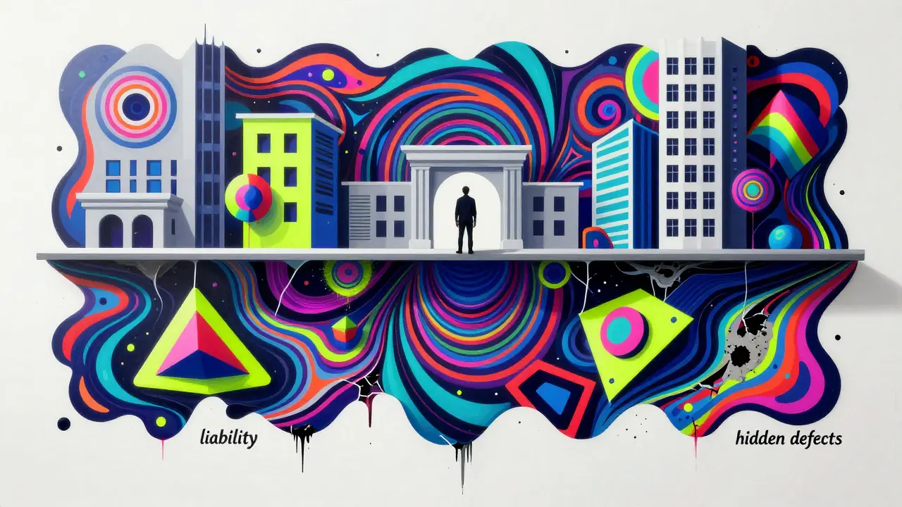 Abstrakte Darstellung von versteckten Baufehlern und rechtischen Risiken als farbiges Minenfeld
