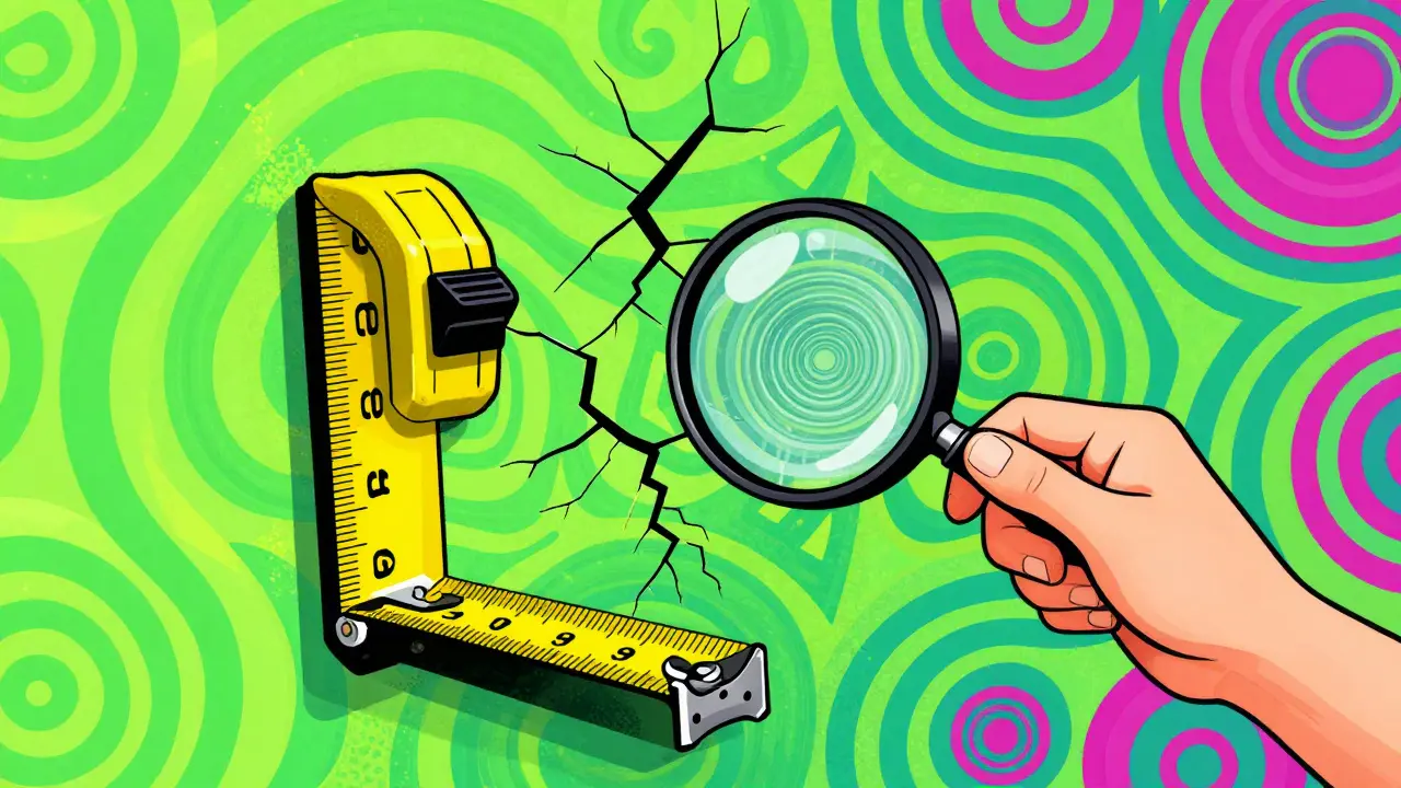 Detailaufnahme eines Mauerrisses mit einem geschwungenen Maßband in psychedelischem Stil.