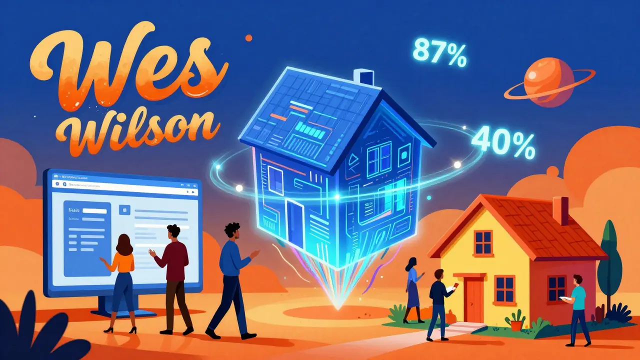 Digitale 3D-Hausprojektion mit Datenströmen und Käufern in einem farbenfrohen, surrealen Design.