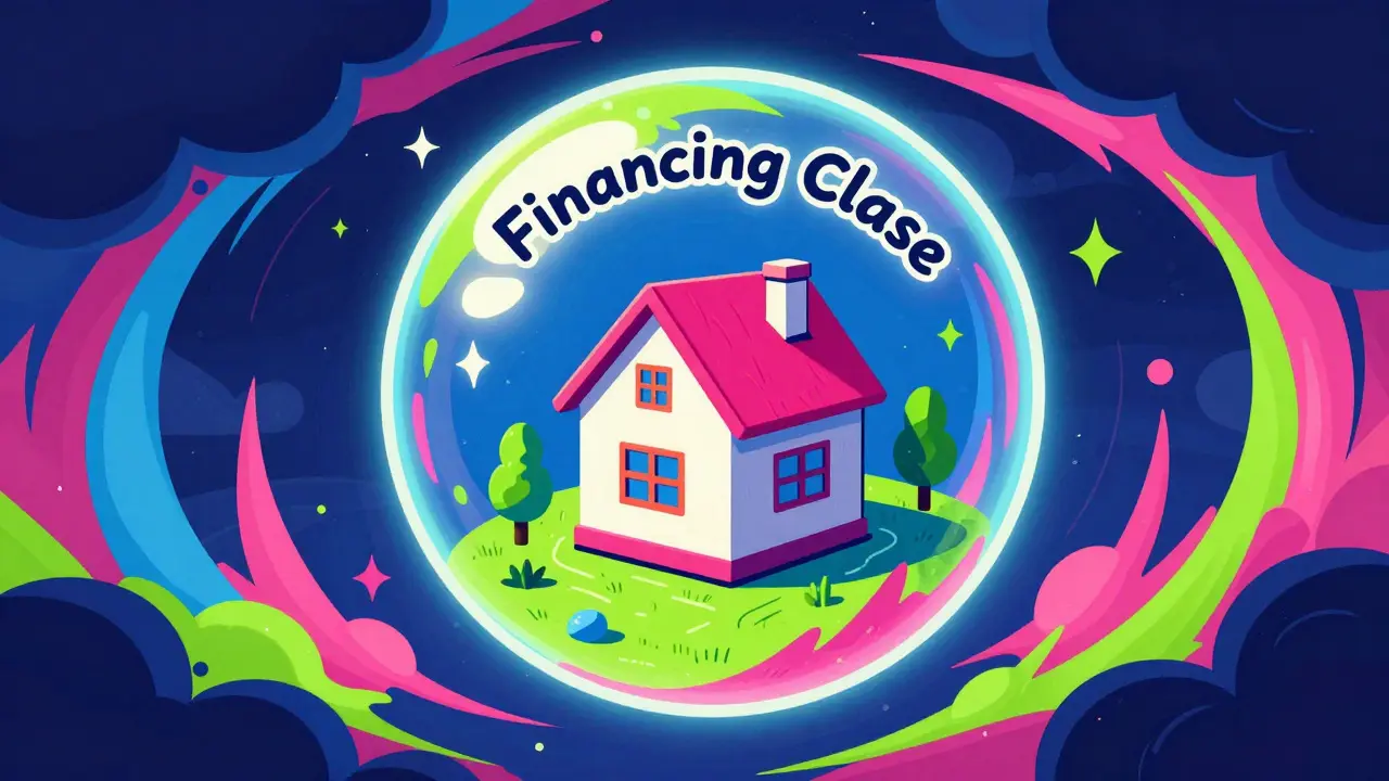 Ein Haus in einer schützenden farbenfrohen Blase, die einen Finanzierungsvorbehalt symbolisiert.