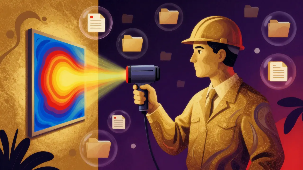 Ein Sachverständiger mit Wärmebildkamera in einer farbenfrohen, surrealen Illustration.