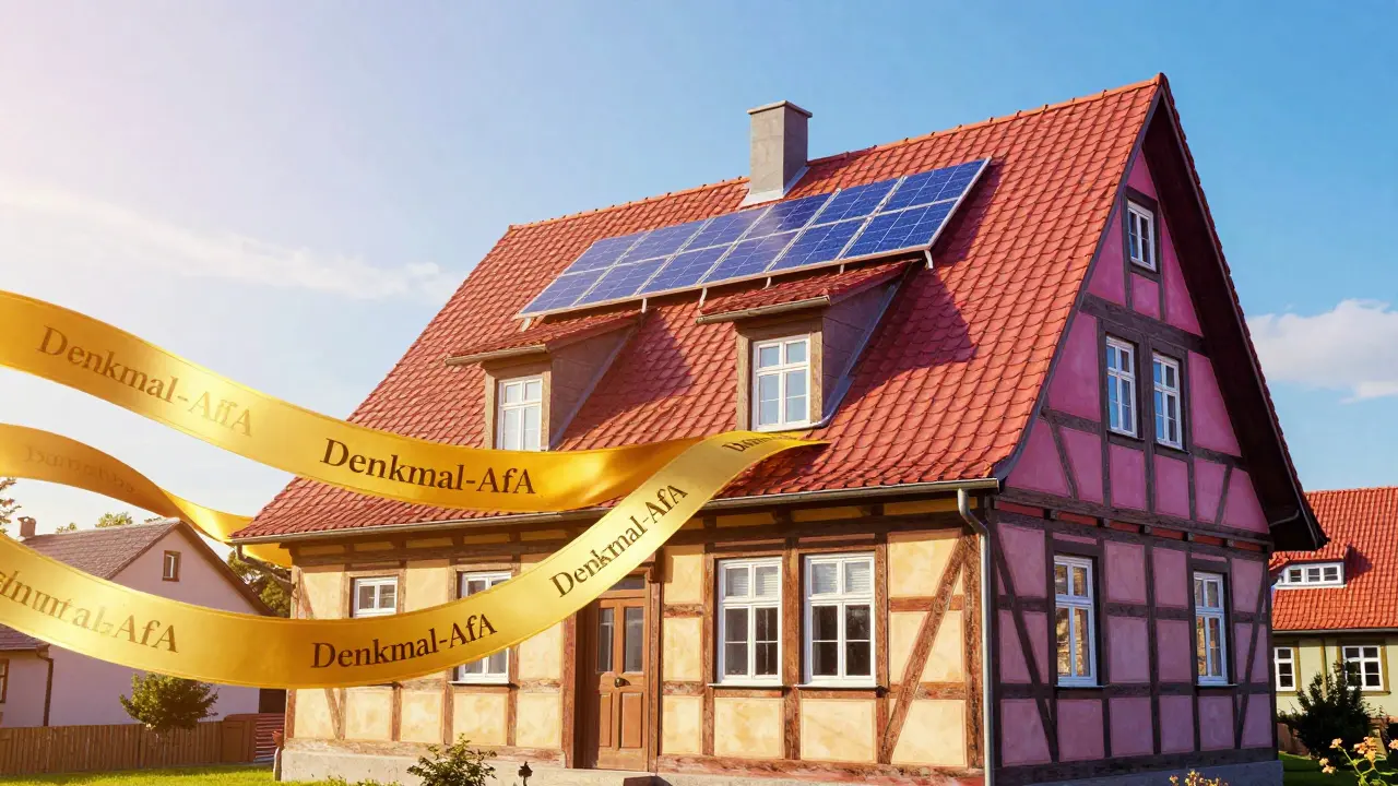 Ein saniertes Fachwerkhaus, dessen Linien in goldene Bänder aus Steuerersparnissen übergehen.