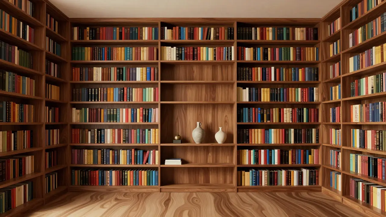 Einbauregal aus Eichenholz mit minimalistischer Dekoration in fließender Optik.