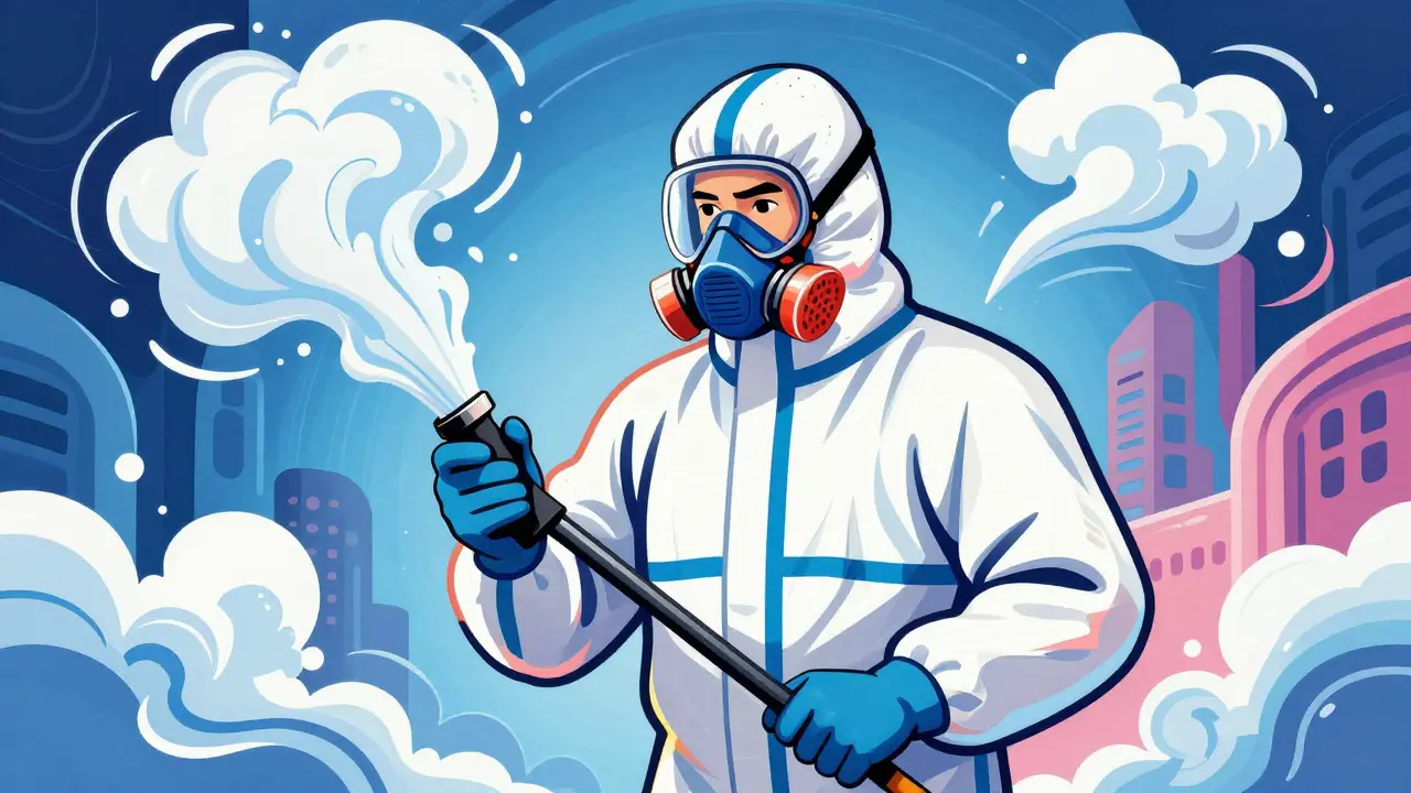 Fachmann in Schutzkleidung bei der Schimmelsanierung im Stil der 60er Jahre Posterkunst.