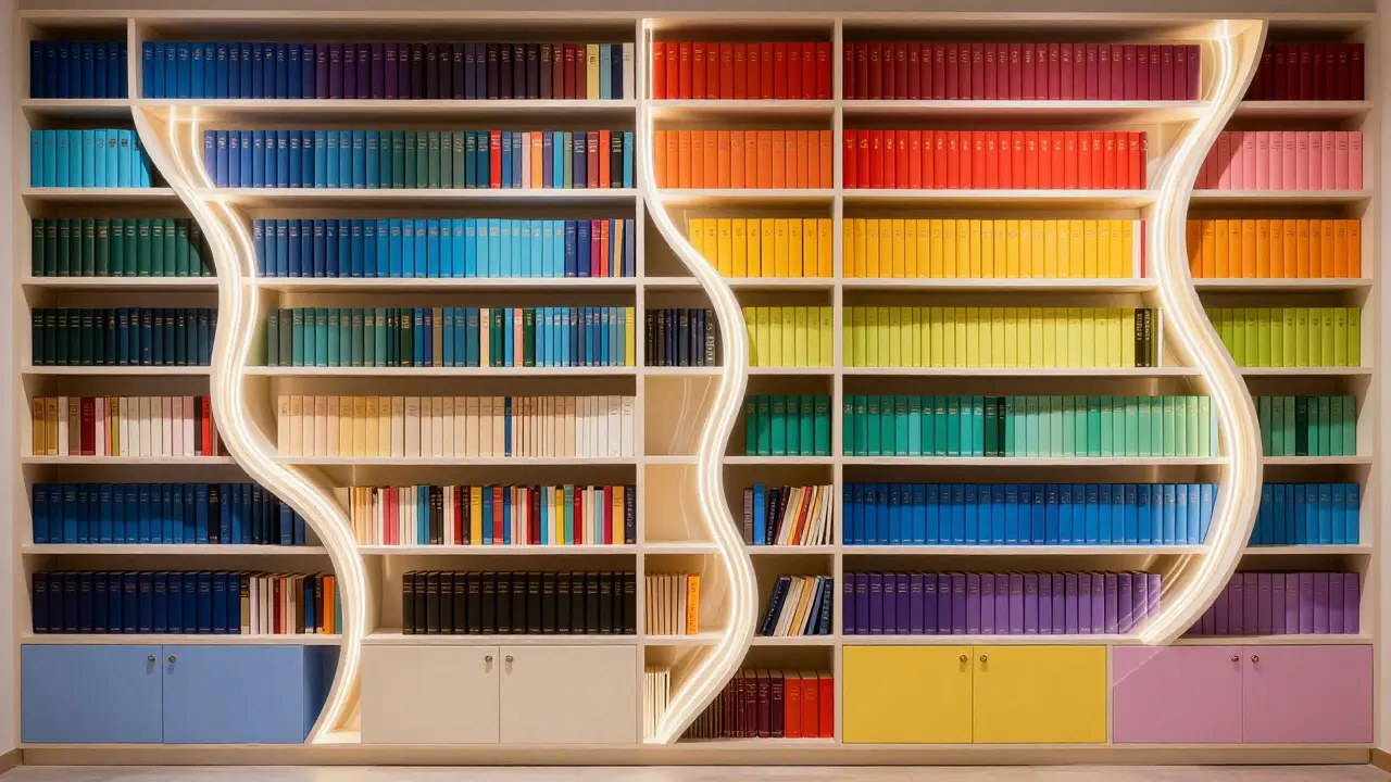 Farblich sortierte Bücher in einem hybriden Regalsystem mit warmem Licht.