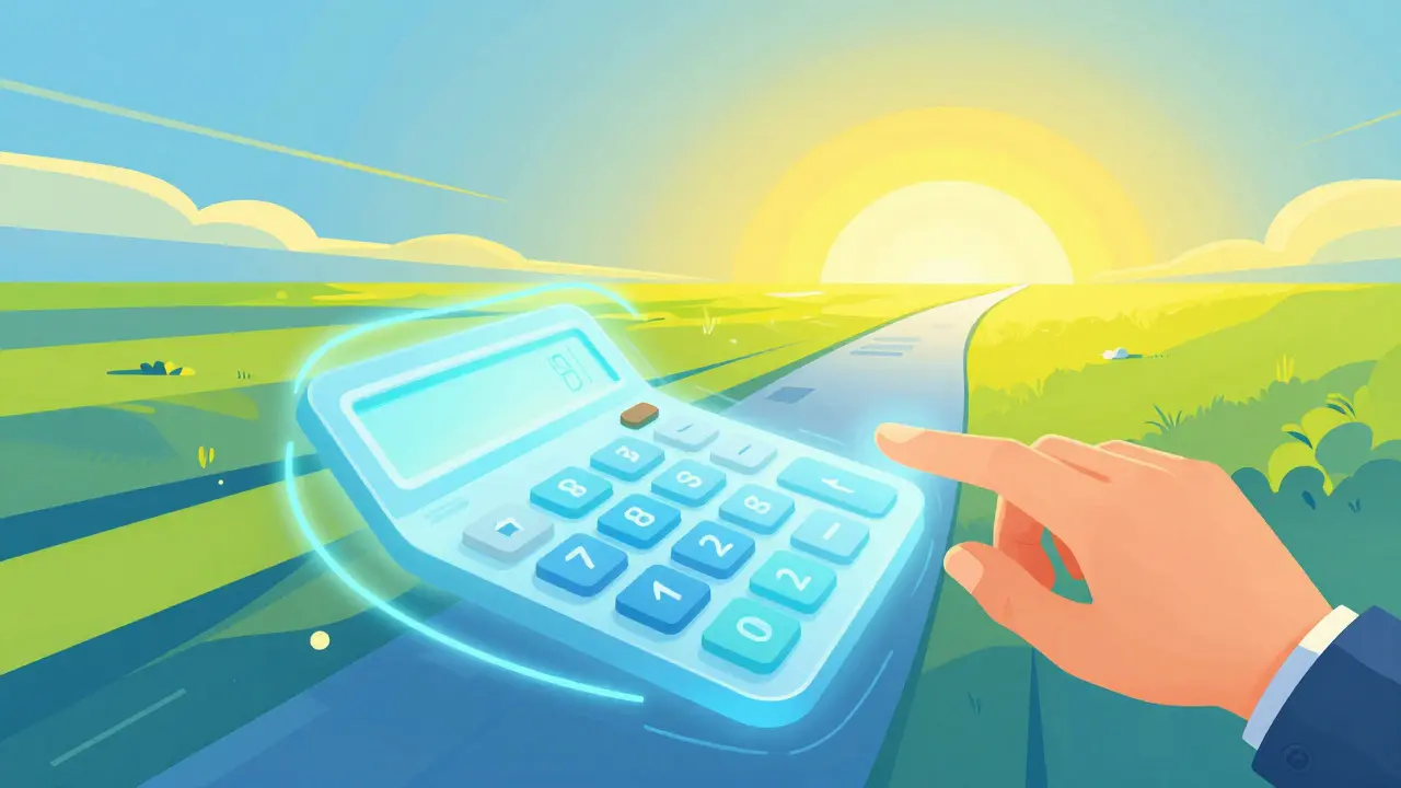 Hand an einem digitalen Online-Rechner, der den Weg zur finanziellen Freiheit symbolisiert.