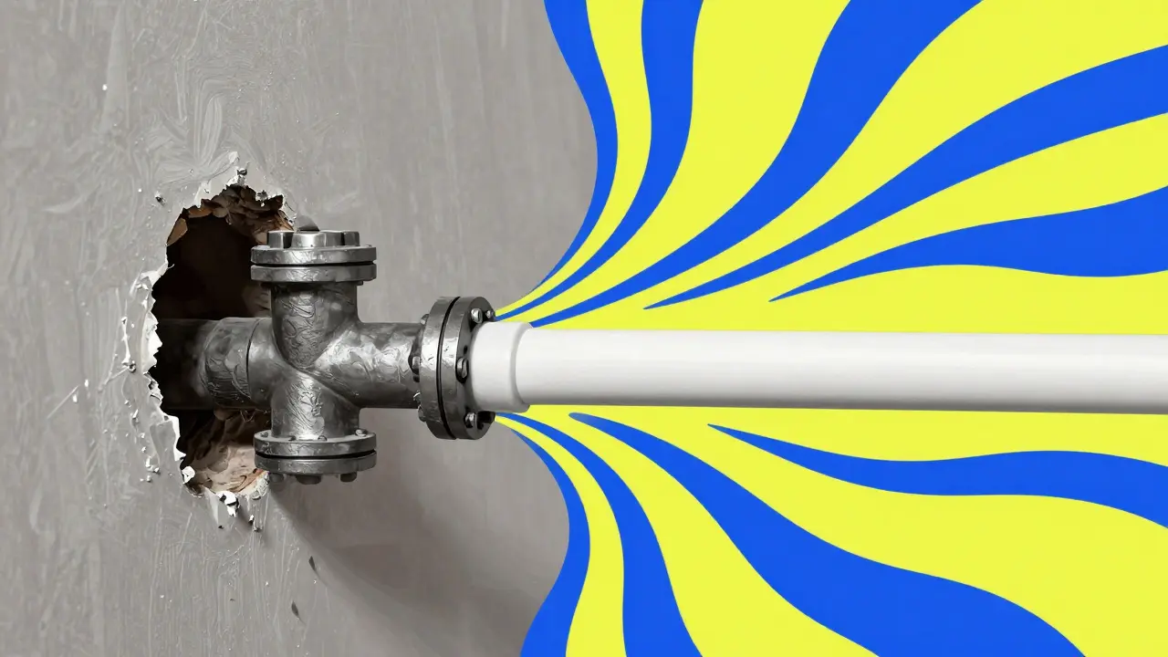 Illustration des Austauschs einer alten Bleileitung durch ein modernes Rohr.