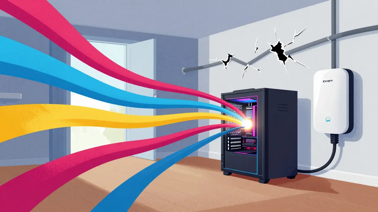 Künstlerische Darstellung der Überlastung alter Stromkreise durch moderne Geräte.