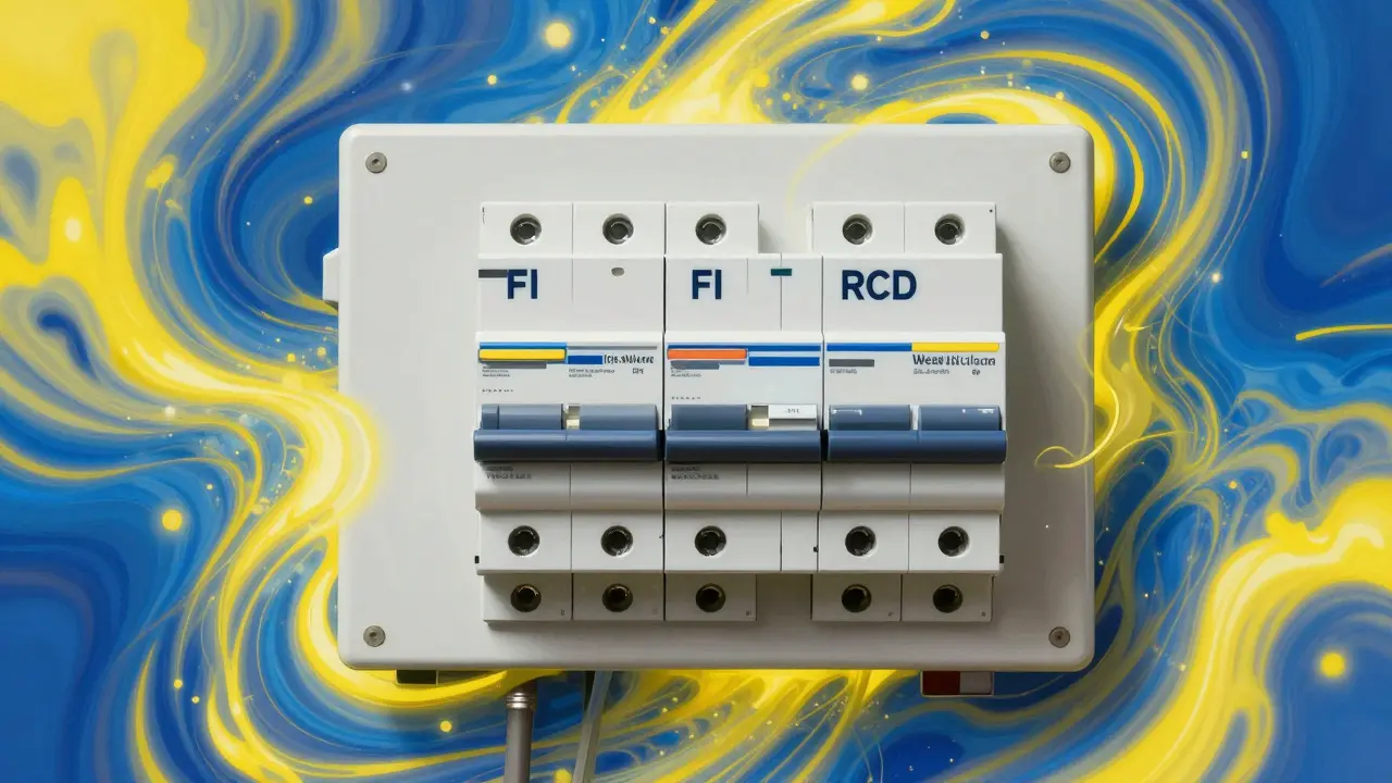 Moderner Sicherungskasten mit FI-Schutzschalter in einem farbenfrohen, fließenden Design.