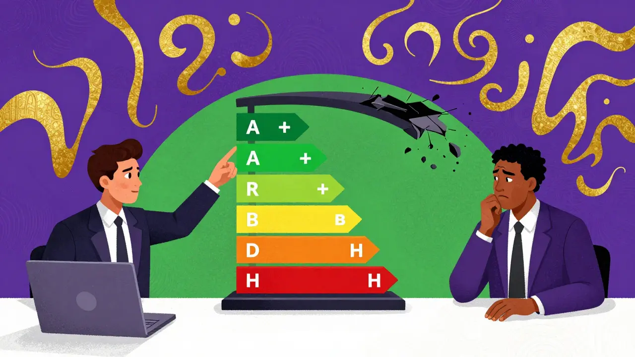 Preisverhandlung über ein Haus basierend auf der Energieeffizienzklasse in einem farbenfrohen Poster-Stil.