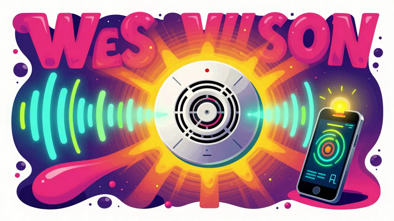 Smart-Home-Rauchmelder-System mit Signalen an ein Smartphone und eine Blitzleuchte.