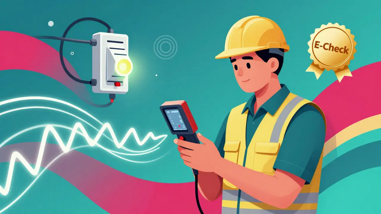 Stilisierte Darstellung einer professionellen Elektroprüfung mit Messgerät und Zertifikat.