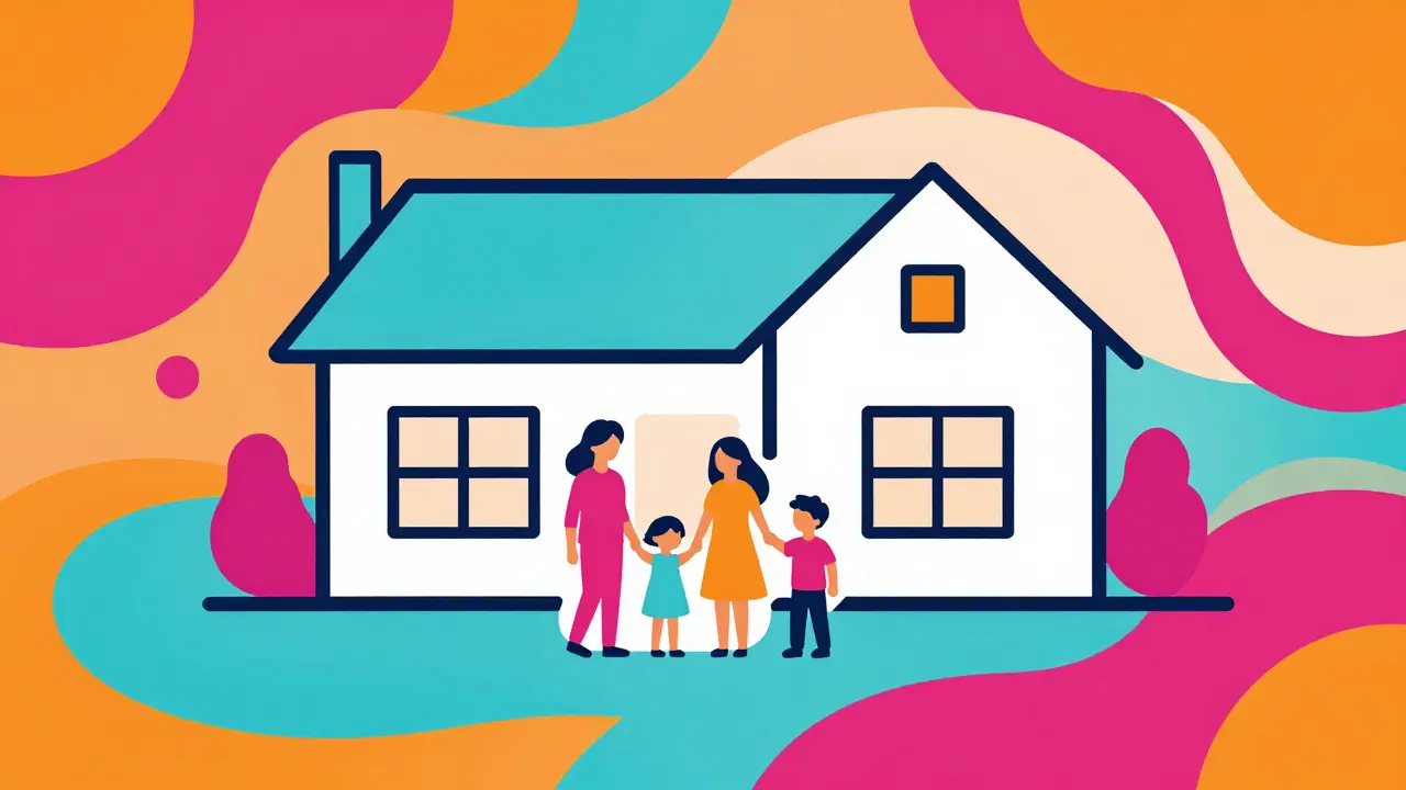 Stilisierte Familie vor einem modernen Haus in buntem, geschwungenem Design.