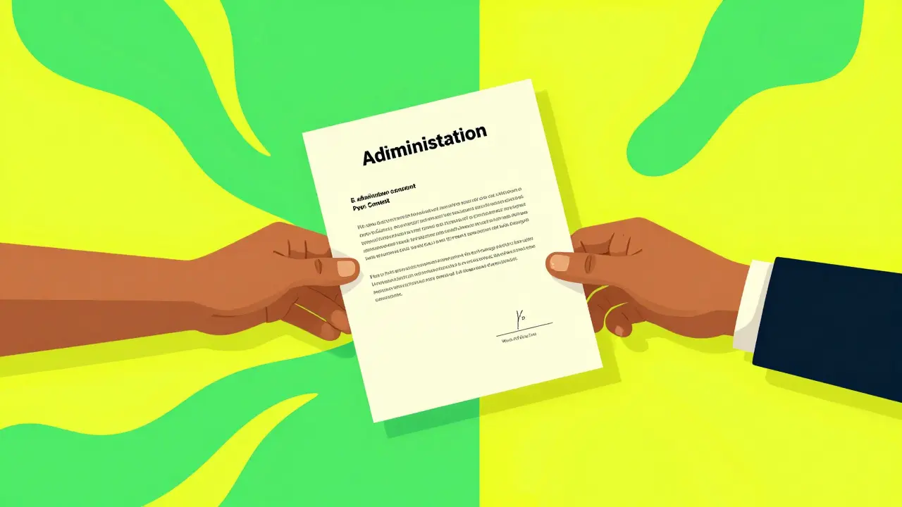 Stilisierte Übergabe eines Verwalterzustimmungsdokuments zwischen Käufer und Verkäufer.