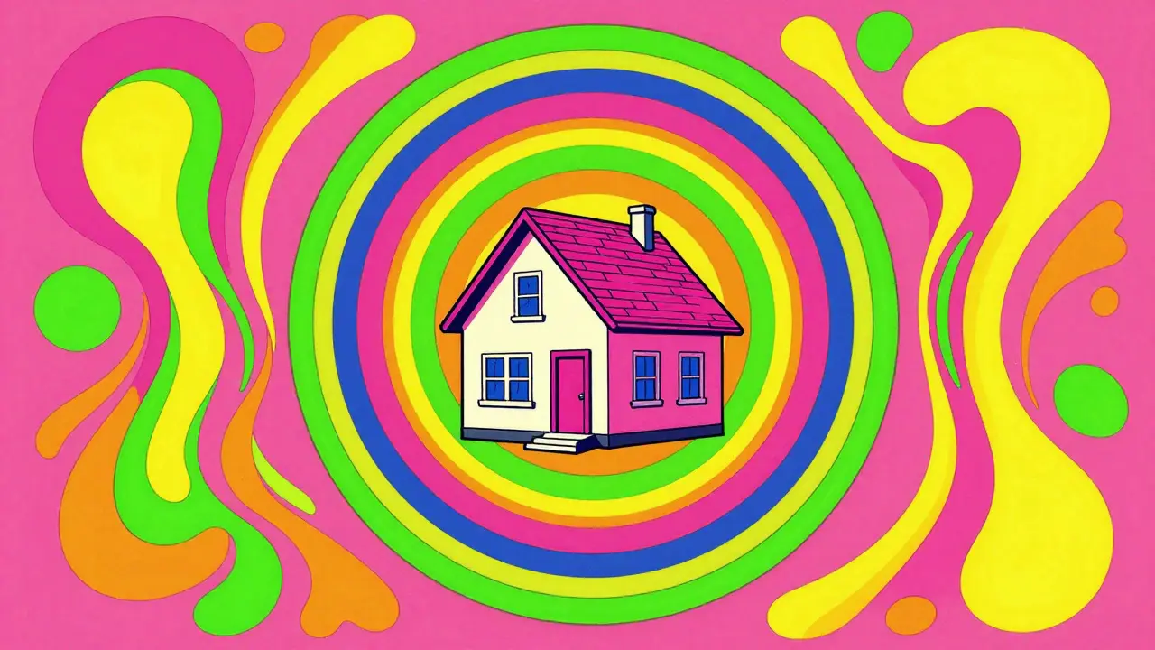 Stilisiertes Haus, das von einem schützenden, farbenfrohen Aura-Ring aus psychedelischen Kurven umgeben ist.