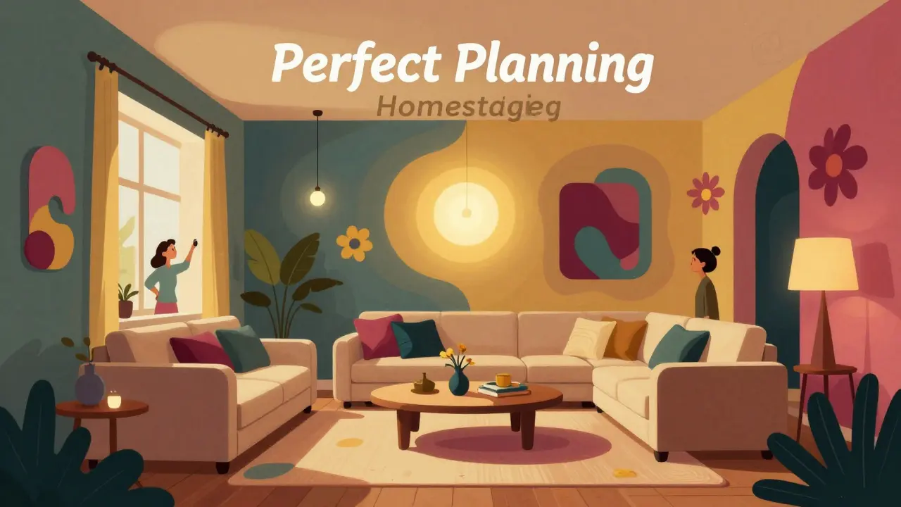 Stilisiertes Wohnzimmer mit Homestaging und begeisterten Besuchern in fließenden, psychedelischen Formen.