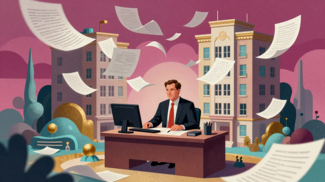 Surreale Darstellung einer Hausverwaltung mit fließenden Formen und Akten.