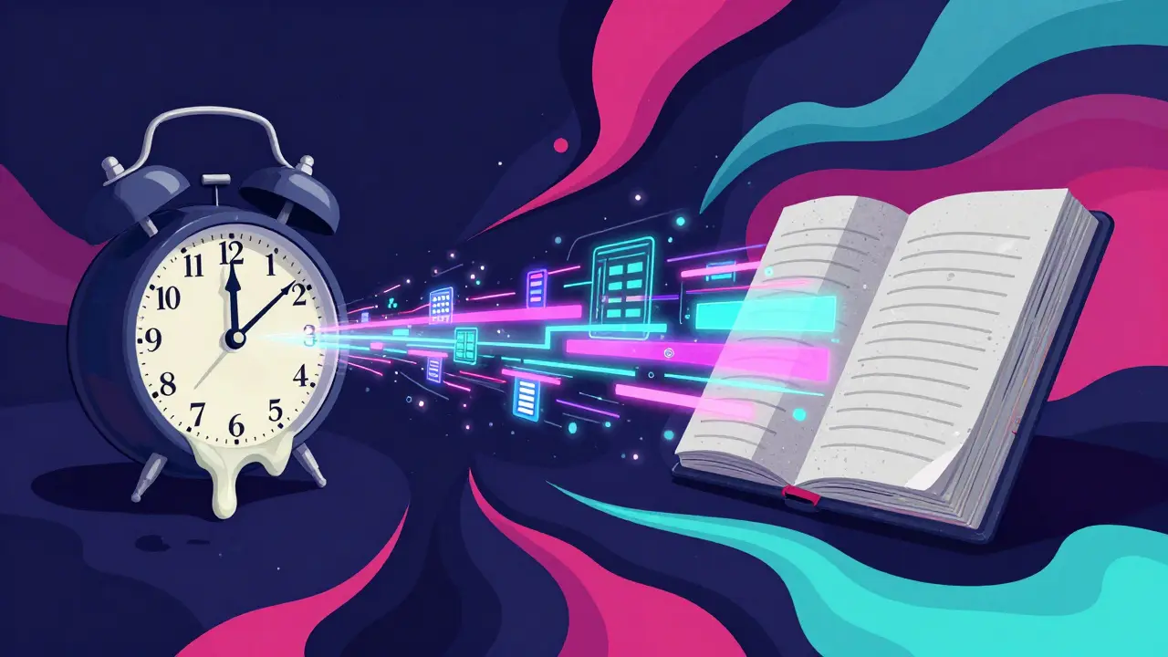 Surreale Darstellung eines Übergangs von einem alten Buch zu digitalen Energieimpulsen in bunten Farben.