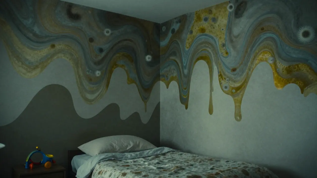 Surreale Darstellung von Schimmelsporen in einem Kinderzimmer in fließendem Grafikstil.