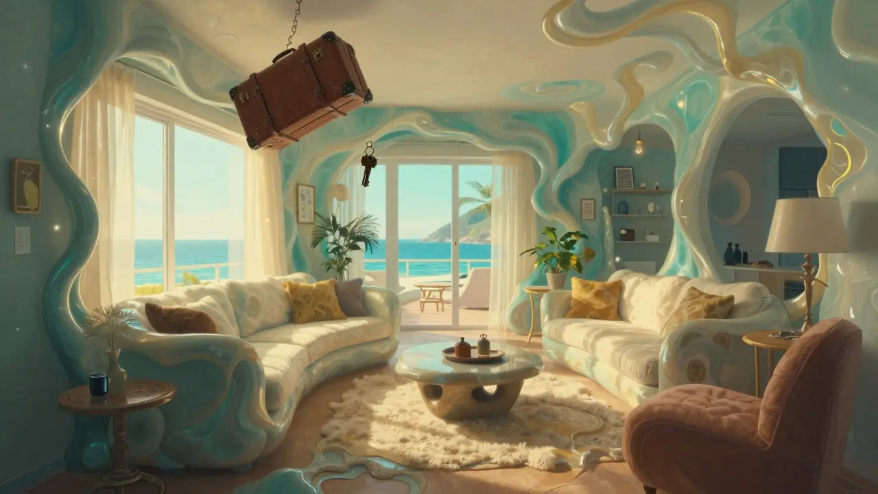 Surreales, farbenfrohes Interieur einer Ferienwohnung mit fließenden Formen im Wes Wilson Stil.