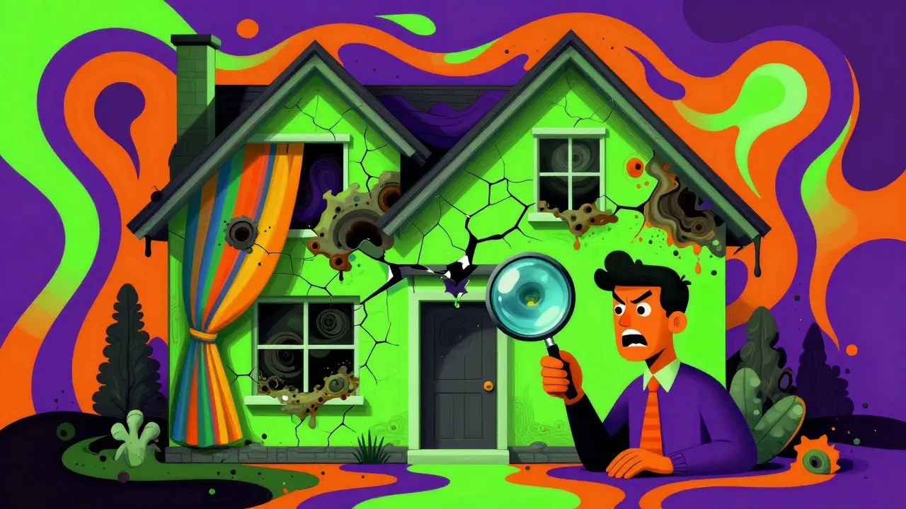 Surreales Haus mit verstecktem Schimmel und einem Käufer mit Lupe in psychedelischen Farben.