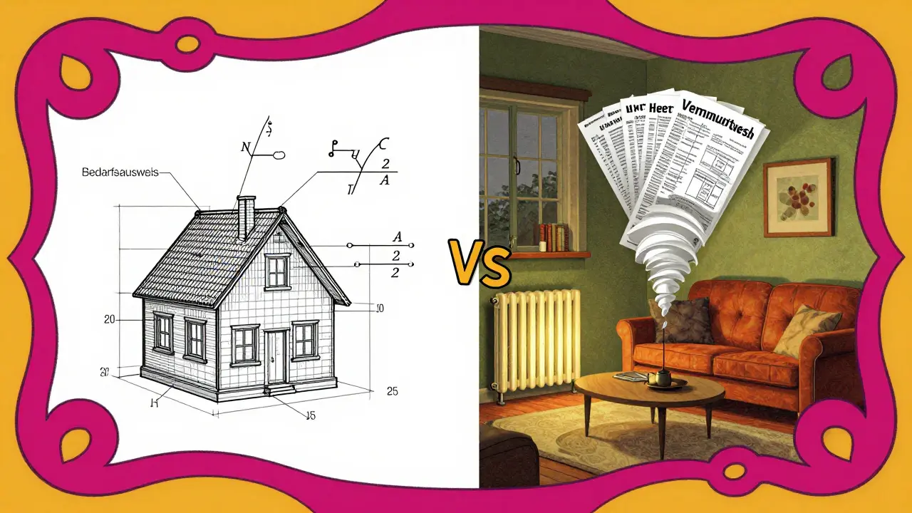 Vergleich zwischen Bedarfsausweis und Verbrauchsausweis in einer surrealen, geschwungenen Illustration.