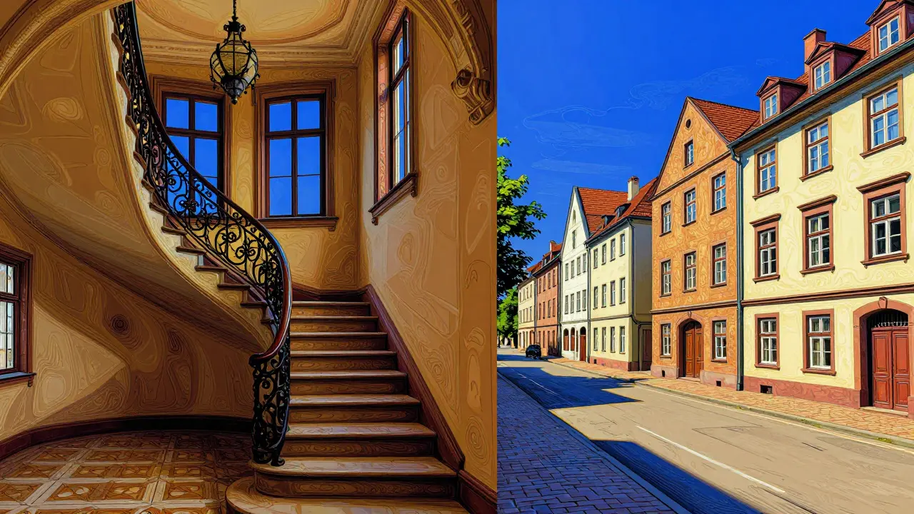 Vergleich zwischen Einzeldenkmal und Ensembleschutz in abstrakter Illustrationskunst.