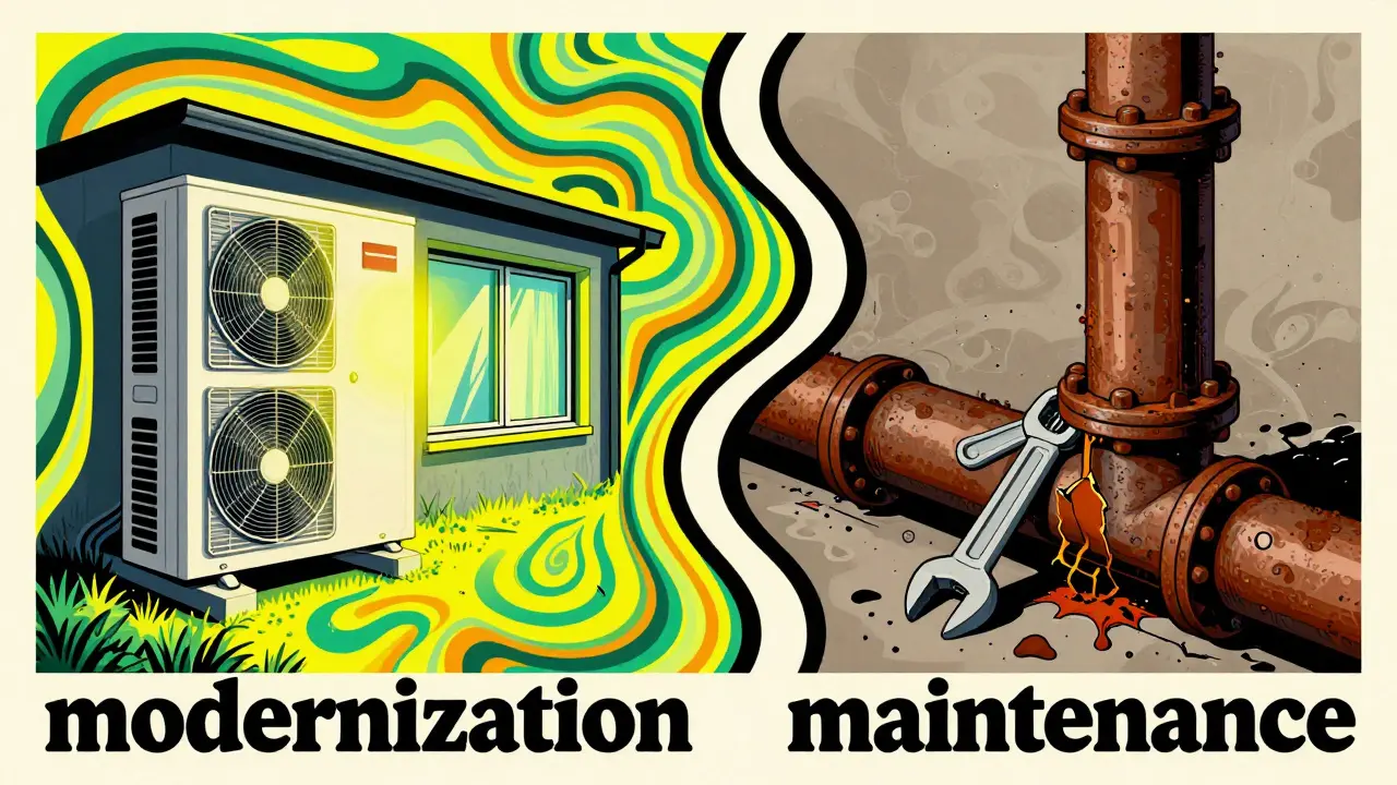 Vergleich zwischen energetischer Modernisierung und einfacher Reparatur im Comic-Stil.