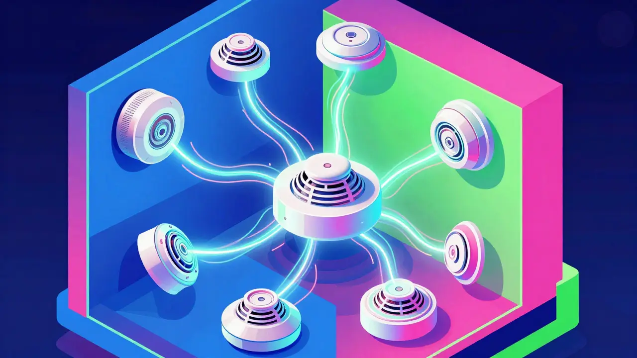 Vernetzte Rauchmelder in einem Haus, verbunden durch leuchtende, psychedelische Energielinien.